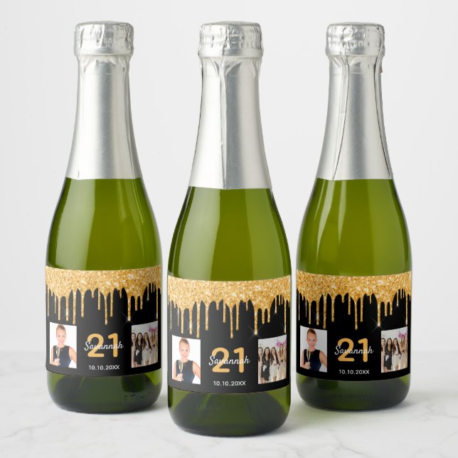 21st birthday black gold glitter drips photo sparkling wine label (Bottles)
