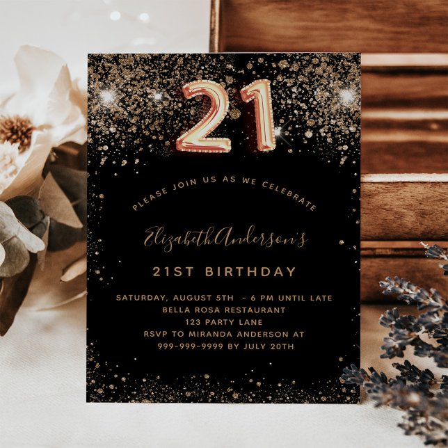 21st birthday black gold glitter invitation (Creator Uploaded)