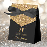 21st Birthday Black Gold Glitter Thank You Favor Box<br><div class="desc">This fabulous modern 21st Birthday Black Gold Glitter Thank You favour box with sparkling gold glitter, the birthday girl's name in a trendy script font, and tied with an elegant black bow would be perfect for your event. It would be great for a candy station, on a thank you gift...</div>