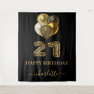 21st birthday black gold leopard name script tapestry