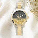 21st birthday black gold monogram watch<br><div class="desc">Elegant, classic, glamourous and feminine. A faux gold coloured bow and ribbon with golden glitter and sparkle, a bit of bling and luxury for a birthday gift or keepsake. Black background. Templates for her name, and the age 21. The name is written with a modern hand lettered style script. Golden...</div>