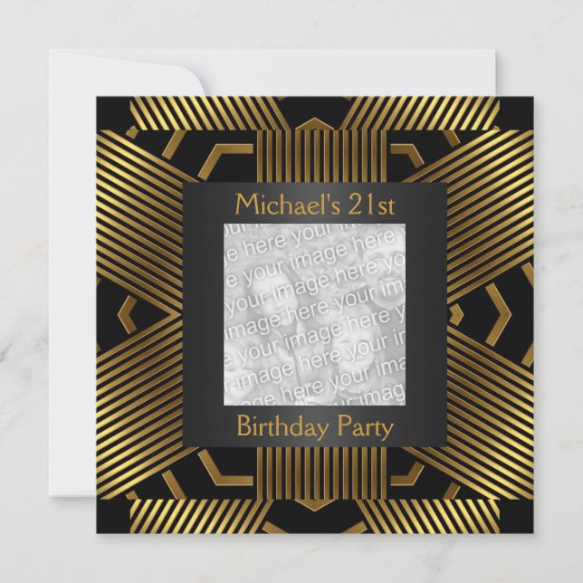 21st Birthday Black Gold Stripe Add Photo Invitation (Front)