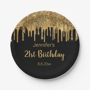 21st birthday black golden dripping glitters paper plate
