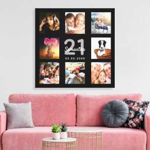21st birthday black monogram custom photo collage canvas print