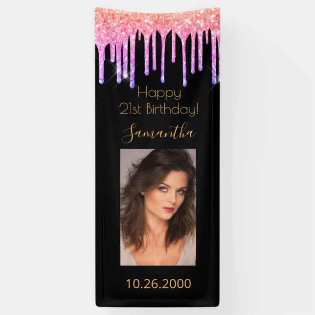 21st Birthday black pink gold drips photo Banner (Vertical)