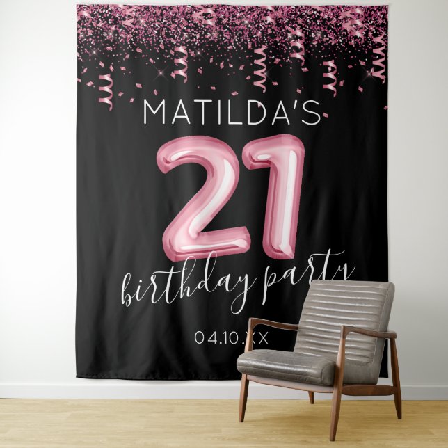 21st Birthday Black Pink Photo Backdrop Tapestry (In Situ)