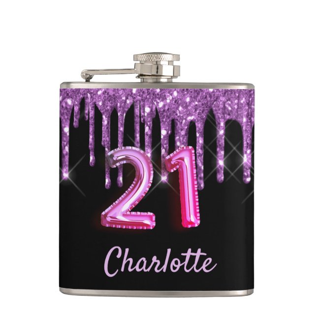 21st birthday black purple glitter monogram hip flask (Front)