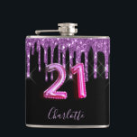 21st birthday black purple glitter script friends hip flask<br><div class="desc">A gift from friends for a girly and glamourous 21st birthday girl. A classic black background with purple faux glitter drips, paint dripping look. Personalize and add a name.The text: The name is written in violet with a modern hand lettered style script. Age 21 is written with a trendy balloon...</div>