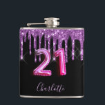 21st birthday black purple glitter script friends hip flask<br><div class="desc">A gift from friends for a girly and glamourous 21st birthday girl. A classic black background with purple faux glitter drips, paint dripping look. Personalize and add a name.The text: The name is written in violet with a modern hand lettered style script. Age 21 is written with a trendy balloon...</div>