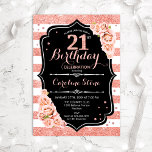 21st Birthday Black Rose Gold and White Stripes Invitation<br><div class="desc">21st Birthday Invitation.
Elegant rose gold white and black design with faux glitter. Features stripes,  blush pink roses,  script font and confetti. Perfect for an elegant birthday party.</div>