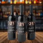 21st Birthday black rose gold stars Wine Label<br><div class="desc">A classic black background decorated with rose gold stars. Personalize and add a date,  name and year of birth.  Age number written with a balloon style font.</div>