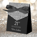 21st Birthday Black Silver Glitter Thank You Favor Box<br><div class="desc">This fabulous modern 21st Birthday Black Silver Glitter Thank You favour box with sparkling silver glitter, the birthday girl's name in a trendy script font, and tied with an elegant black bow would be perfect for your event. It would be great for a candy station, on a thank you gift...</div>