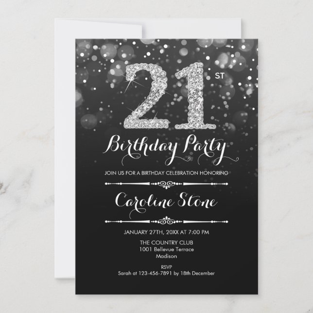 21st Birthday - Black Silver Invitation (Front)