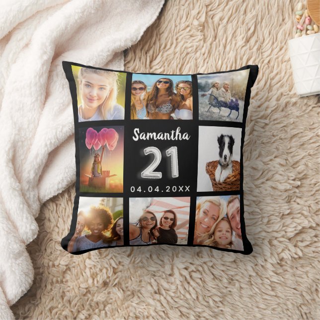 21st birthday black silver photo collage throw pillow (Blanket)