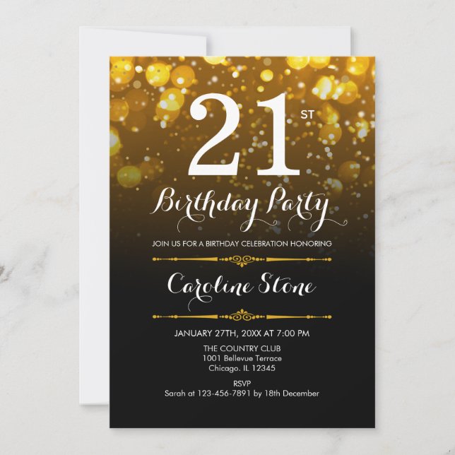 21st Birthday - Black White Gold Invitation (Front)