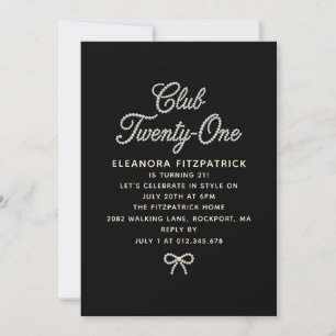 21st Birthday Black White Pearl Script Bow Invitation