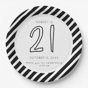 21st Birthday Black & White Stripes Simple Modern Paper Plate