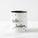 21st birthday black white typography mug<br><div class="desc">Elegant and modern for a 21st birthday.  Black text,  typography written with a trendy hand-lettered style script: hello twentyone. With black dots as decor.</div>