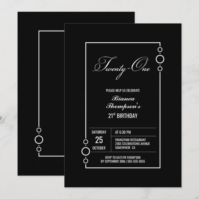 21st Birthday Black with White Frame Party Invitation (Front/Back)