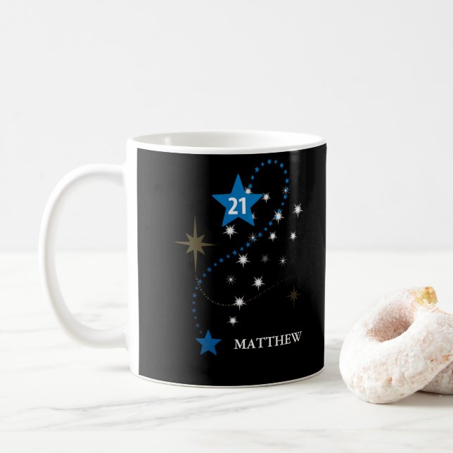 21st Birthday Blue and Black Personalized Coffee Mug (With Donut)