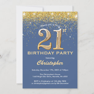 21st Birthday Blue and Gold Glitter Confetti Invitation