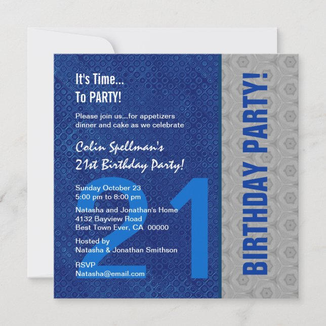 21st Birthday Blue and Silver Pattern Recycled Invitation (Front)