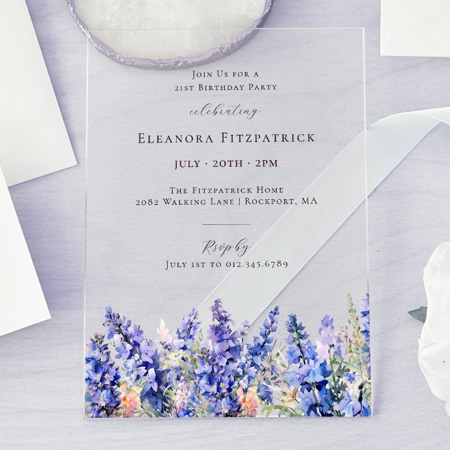 21st Birthday Blue Larkspur July Birth Flower Acrylic Invitations (Creator Uploaded)