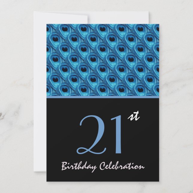 21st Birthday Blue Peacock Feathers W1159 Invitation (Front)