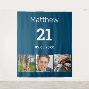 21st birthday blue photo monogram guy tapestry