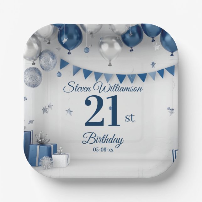 21st Birthday Blue Silver  Paper Plate (Front)