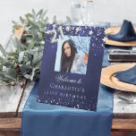 21st Birthday blue silver stars photo welcome Pedestal Sign<br><div class="desc">A welcome sign for a 21st birthday party.  A navy blue background with elegant faux silver stars. The blue colour is uneven.  Personalize and add a photo,  name and text.  White letters.</div>