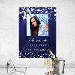 21st Birthday blue silver stars photo welcome Poster<br><div class="desc">A welcome poster for a 21st birthday party.  A navy blue background with elegant faux silver stars. The blue colour is uneven.  Personalize and add a photo,  name and text.  White letters.</div>