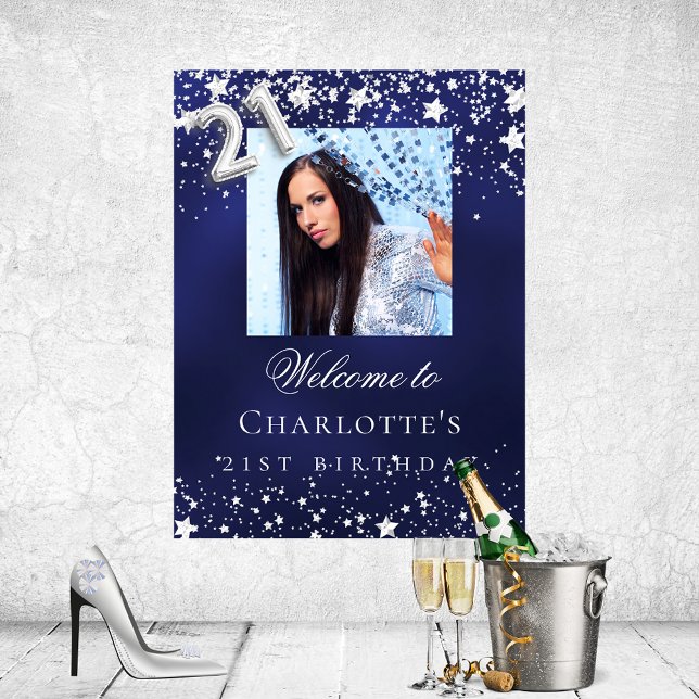 21st Birthday blue silver stars photo welcome Poster (Creator Uploaded)
