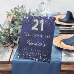 21st Birthday blue silver stars welcome party Pedestal Sign<br><div class="desc">A welcome sign for a 21st birthday party.  A navy blue background with elegant faux silver stars. The blue colour is uneven.  Personalize and add a name and text.  White letters.</div>