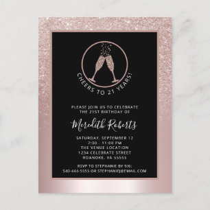 21st Birthday Blush Glitter Champagne Invitation Postcard