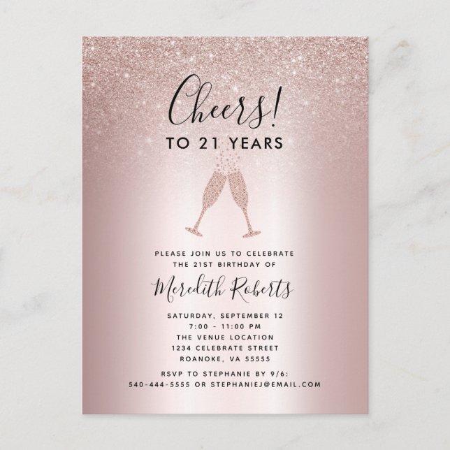 21st Birthday Blush Glitter Champagne Toast Invite Postcard (Front)