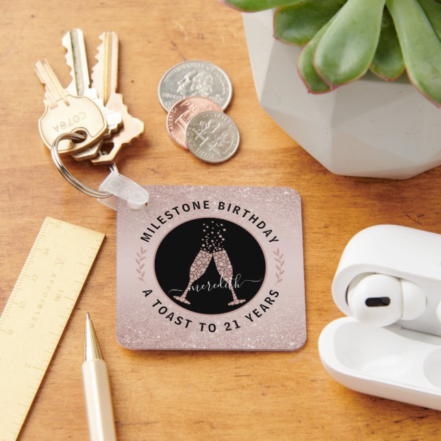  21st Birthday Blush Glitter Champagne Toast Keychain (Desk)