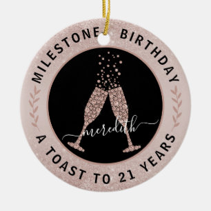  21st Birthday Blush Glitter Champagne Toast Name Ceramic Ornament