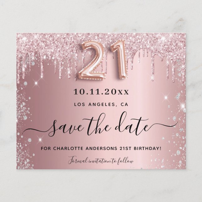 21st birthday blush glitter save the date card (Front)
