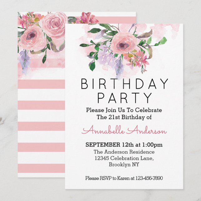 21st Birthday Blush Pink Floral Watercolor Stripes Invitation (Front/Back)