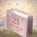 21st birthday blush pink glitter drips monogram large gift bag<br><div class="desc">Elegant, classic, glamourous and feminine for a 21st birthday party. A chic blush pink gradient background. Decorated with faux glitter drips, paint dripping look. Personalize and add a name. With the text: Happy Birthday. The name is written with a modern dark rose coloured hand lettered style script. Number 21 is...</div>
