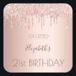 21st birthday blush rose gold glitter drips name square sticker<br><div class="desc">A sticker for a girly and glamorous 21st birthday party. A faux rose gold metallic looking background with an elegant faux rose gold glitter drips, paint drip look. The text: The name is written in dark rose gold with a large modern hand lettered style script. Template for name, age 21...</div>