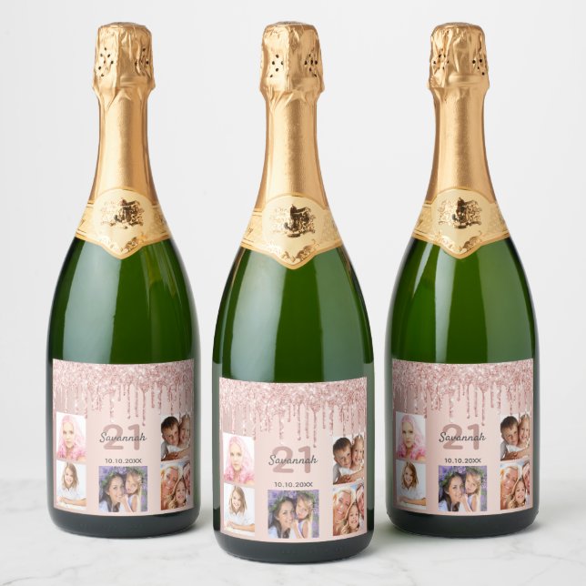 21st birthday blush rose gold glitter drips photo sparkling wine label (Bottles)