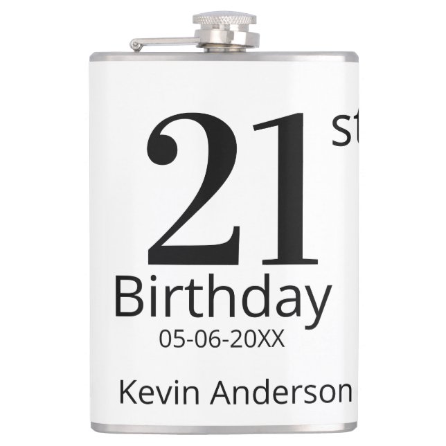 21st birthday bold letter name date simple man boy hip flask (Front)