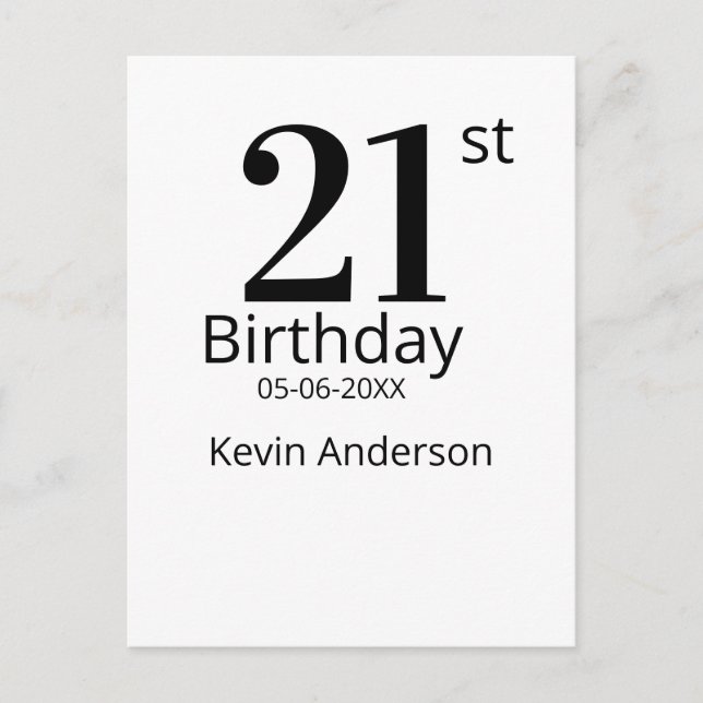21st birthday bold letter name date simple man boy postcard (Front)