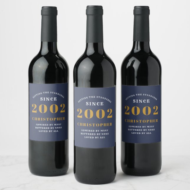 21st Birthday Born 2002 Add Name Blue Gold Wine Label (Bottles)