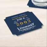 21st Birthday Born 2002 Add Name Legend Blue Gold Paper Coaster<br><div class="desc">Personalized birthday add your name drink coaster. Edit the name and year with the template provided. A wonderful custom blue birthday idea. More gifts and party supplies available with the "Legendary" design in the store.</div>