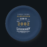 21st Birthday born 2002 Add Name Legend Blue Gold Paper Plate<br><div class="desc">Personalized birthday add your name and year paper plate. Edit the name and year with the template provided. A wonderful custom blue birthday plate. More gifts and party supplies available with the "Legendary" design in the store.</div>
