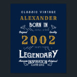 21st Birthday Born 2002 Add Name Legend Blue Gold Poster<br><div class="desc">Personalized birthday poster add your name and year. Edit the name and year with the template provided. A wonderful custom blue birthday design. More gifts and party supplies available with the "Legendary" design in the store.</div>