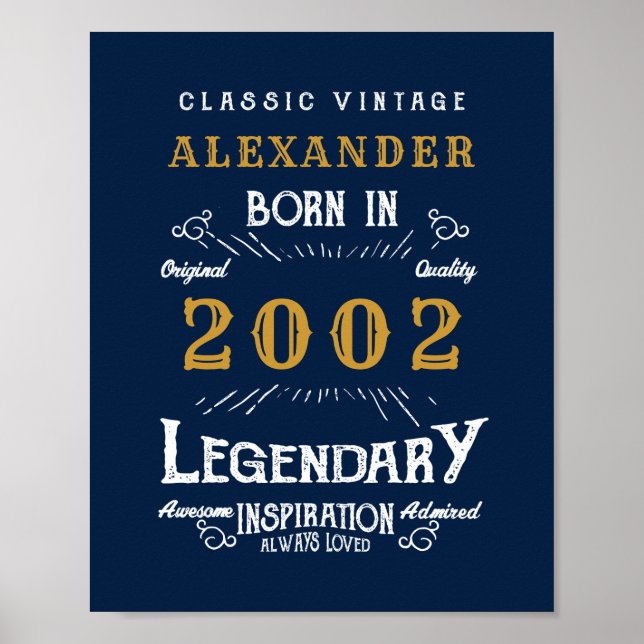 21st Birthday Born 2002 Add Name Legend Blue Gold Poster (Front)